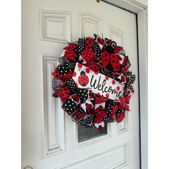 Welcome Ladybug Ribbon Deco Mesh Spring Summer Wreath, Front Door Hanger - Picture 6 of 8